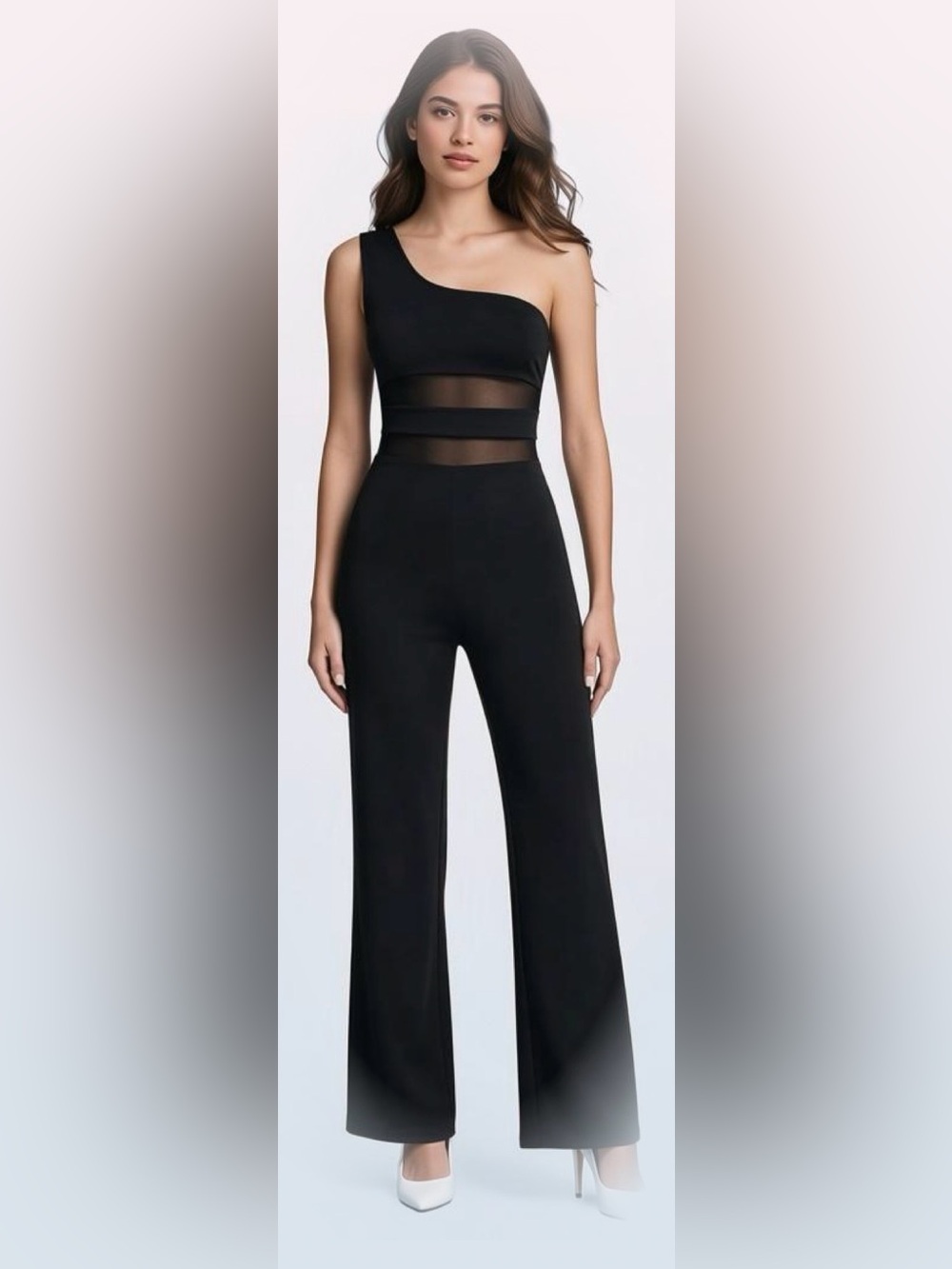Black Wide-Leg One-Shoulder Sheer Mesh Jumpsuit Size M